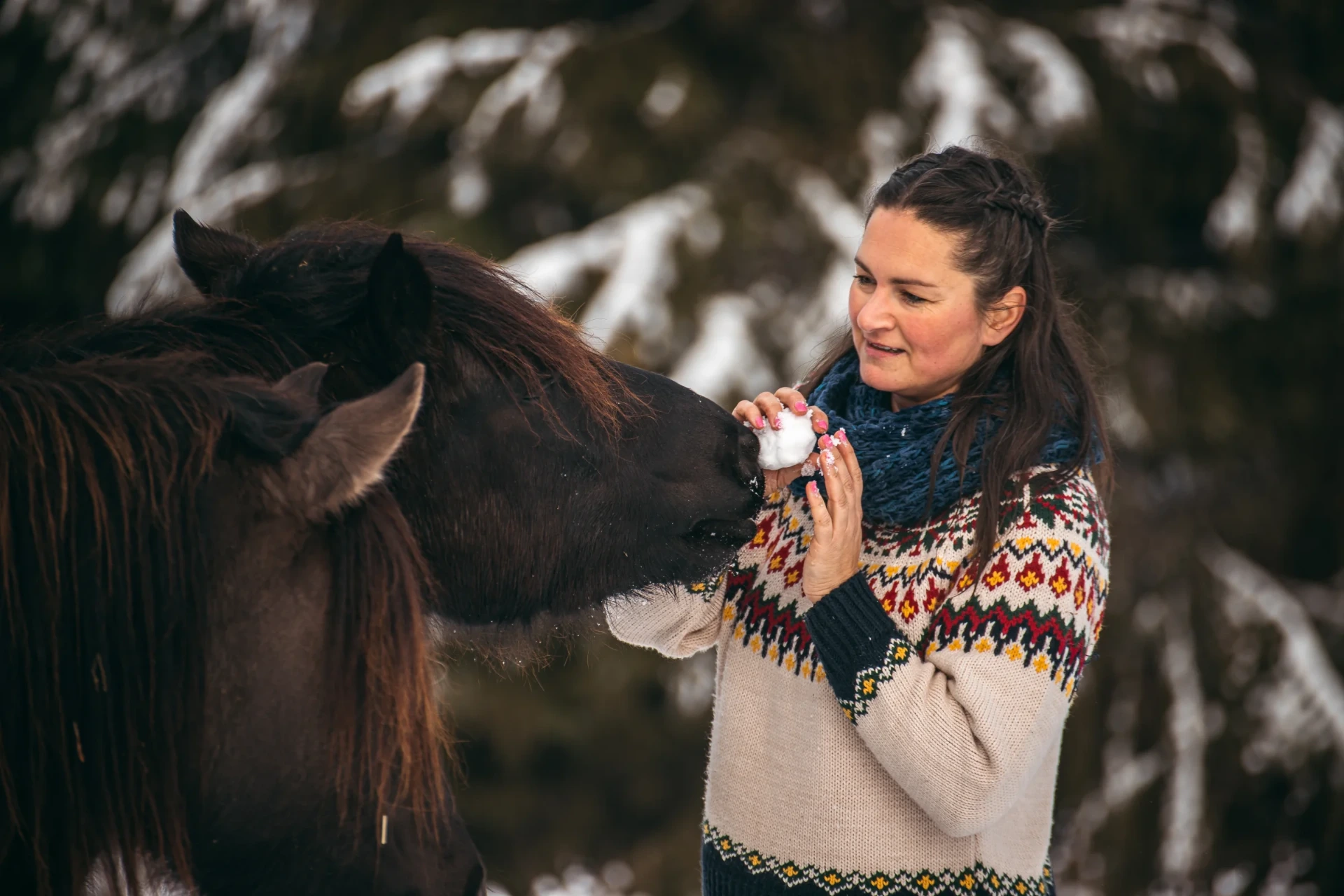 Lamija bei einem Pferd in winterlicher Umgebung